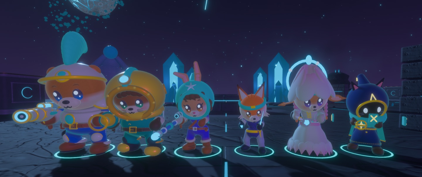 Les six héros d’Aether sur le Bastion d’Opale, de gauche à droite : Orrin l’ourson gardien, Kaïa la loutre plongeuse, Nyra la lapine éclaireuse, Vesk le renard ninja, Ilyane la faonne-fleur et Ossian le chaton mage.